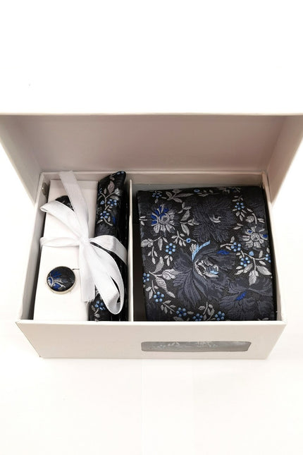 Grey Silver Floral Tie & Cufflinks Set