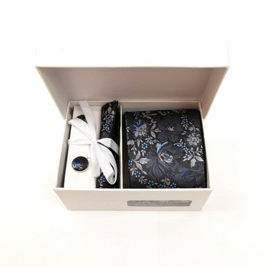 Grey silver floral tie and cufflinks set by PAMONI, featuring elegant floral design on cufflinks and matching tie for formal wear.