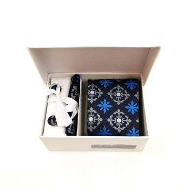 Blue and silver geometric tie and cufflinks set by PAMONI featuring stylish, modern design with matching accessories.