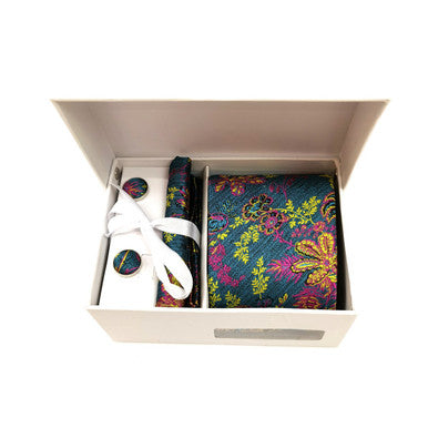 Ensemble cravate et boutons de manchette à motifs floraux multicolores