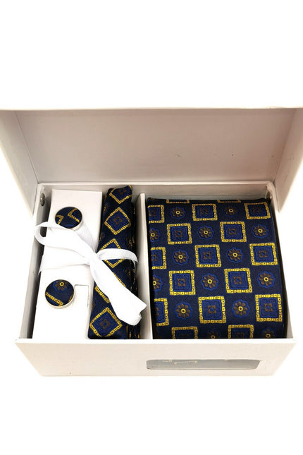 Navy Gold Abstract Floral Square Tie & Cufflinks Set