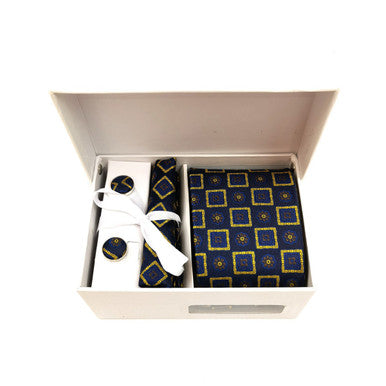 Conjunto de corbata y gemelos cuadrados con diseño floral abstracto en dorado azul marino