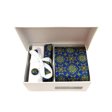 Royal blue floral geometric cufflinks set by PAMONI featuring a stylish design and metal backing.