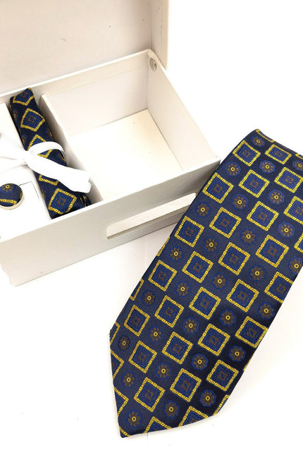 Navy Gold Abstract Floral Square Tie & Cufflinks Set