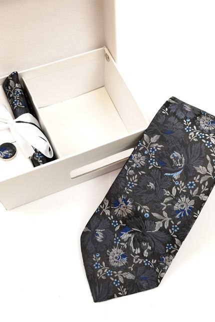 Grey Silver Floral Tie & Cufflinks Set