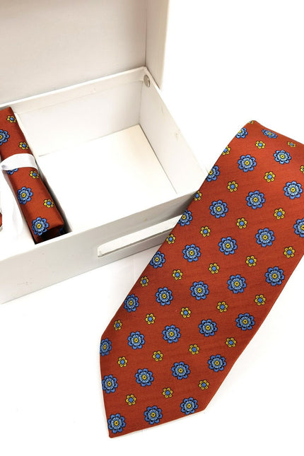 Coral & Blue Geometric Tie & Cufflinks Set