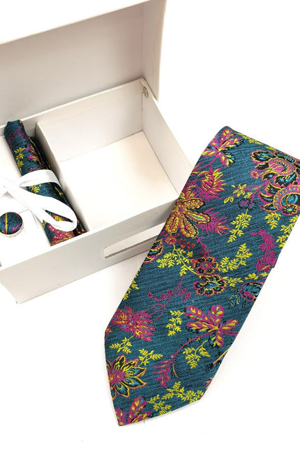 Multi Coloured Floral Tie & Cufflinks Set