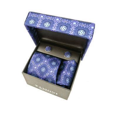 Ensemble cravate et boutons de manchette géométriques bleu lilas
