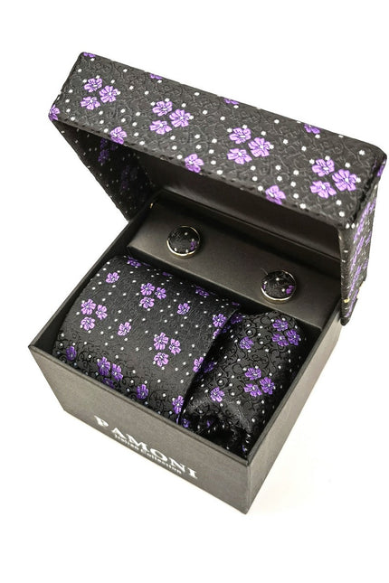 Black Lilac Motif Tie & Cufflinks Set