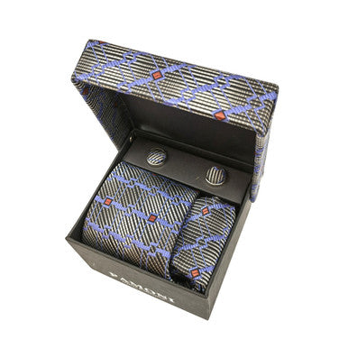 Grey graphic tie and PAMONI cufflinks set with stylish design, perfect for formal occasions and professional attire.