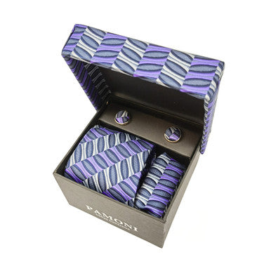 Ensemble cravate et boutons de manchette abstraits gris lilas