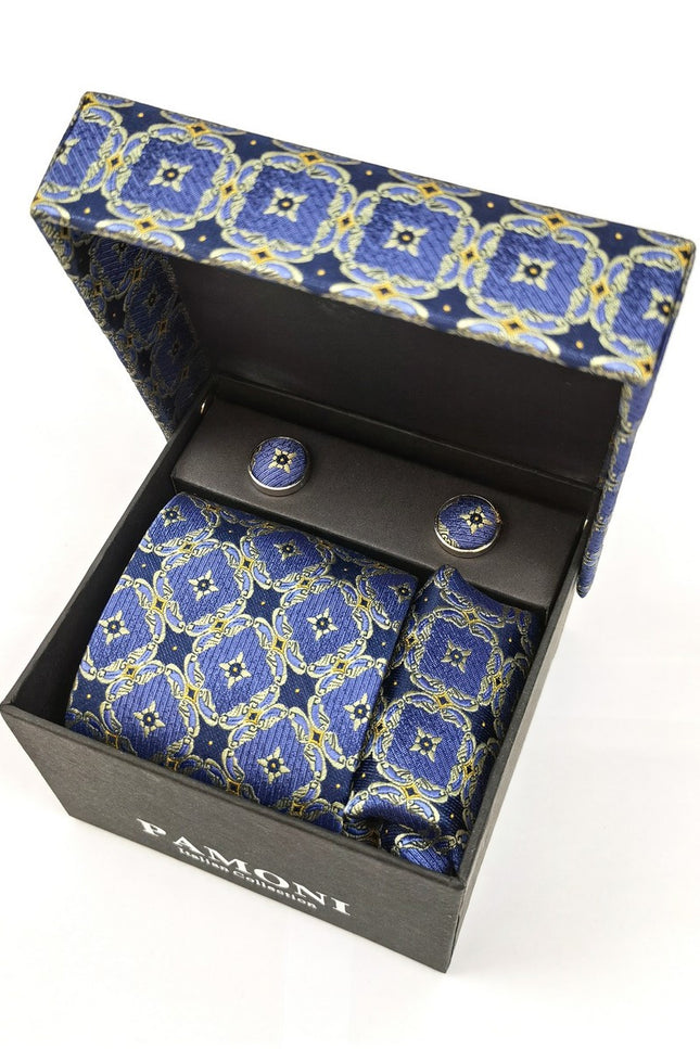 Blue And Grey Geometric Tie & Cufflinks Set