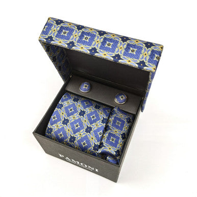 Blue and grey geometric tie and cufflinks set by PAMONI, featuring stylish pattern and classic accessories for formal wear.