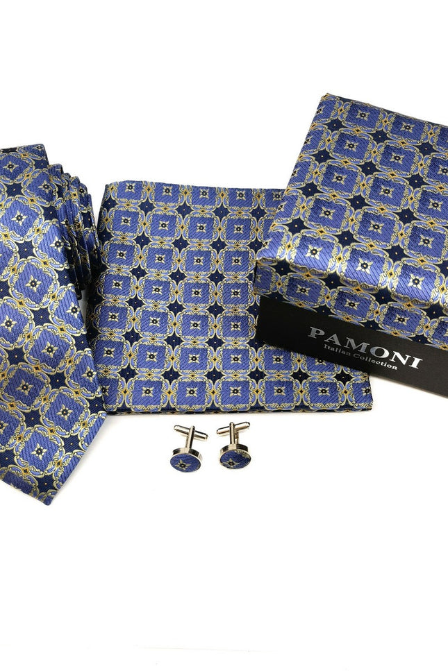 Blue And Grey Geometric Tie & Cufflinks Set