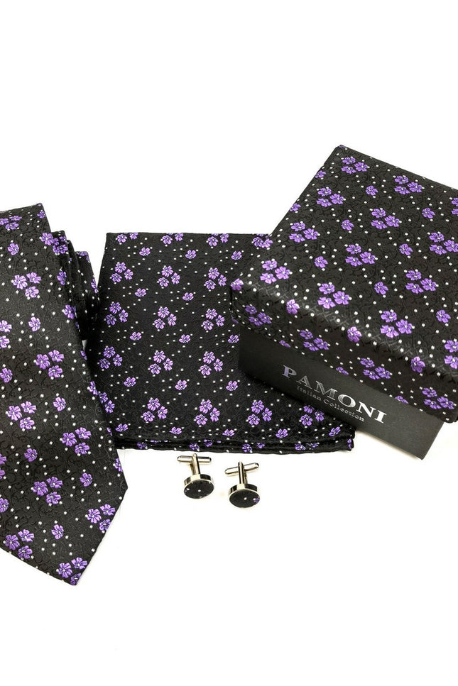 Black Lilac Motif Tie & Cufflinks Set