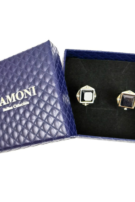 Black glitter gemstone cufflinks by PAMONI featuring sparkling black stones and a polished silver-tone finish.