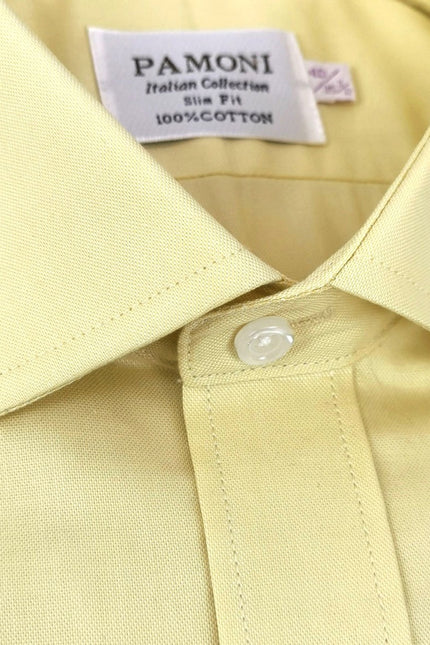 Close-up of a light yellow shirt collar with a 'PAMONI' label.