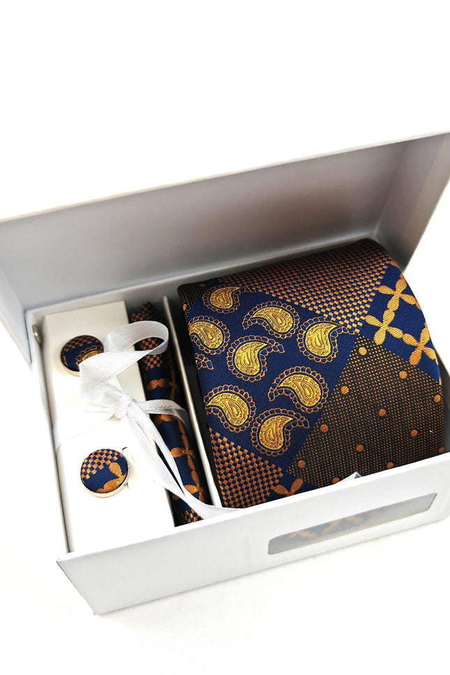 Brown and Gold Paisley Check Tie & Cufflinks Set