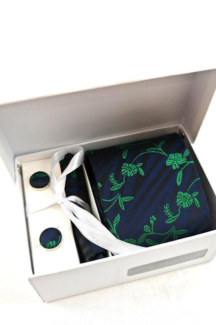 Navy Green Floral Tie & Cufflinks Set