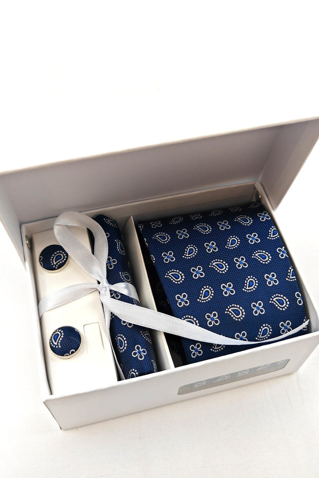 Navy Paisley & Clover Geometric Tie & Cufflinks Set