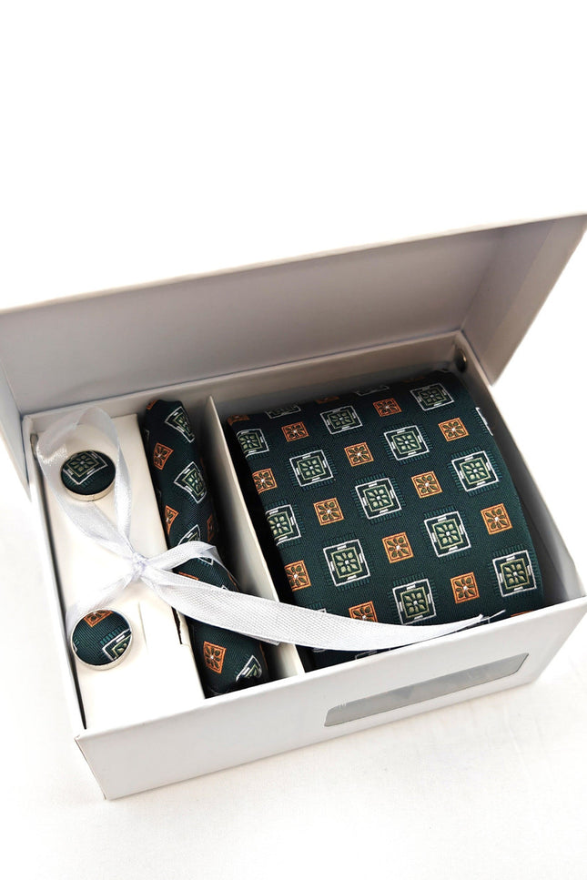 Green and Orange Geometric Tie & Cufflinks Set