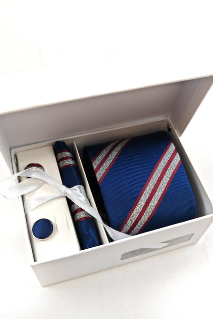 Blue and Red Silver Bold Stripe Tie & Cufflinks Set