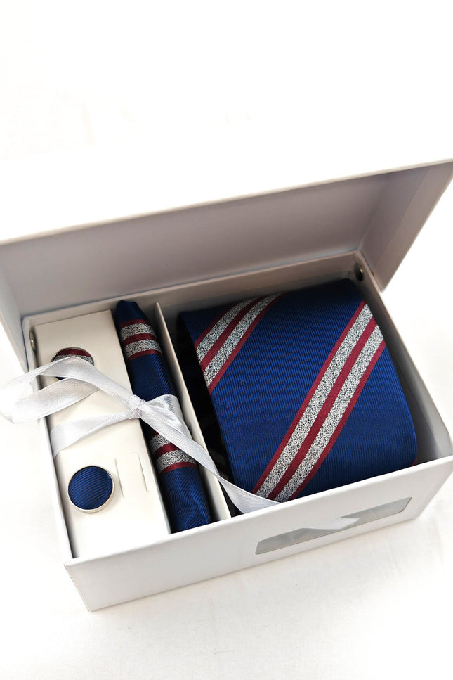 Blue and Red Silver Bold Stripe Tie & Cufflinks Set