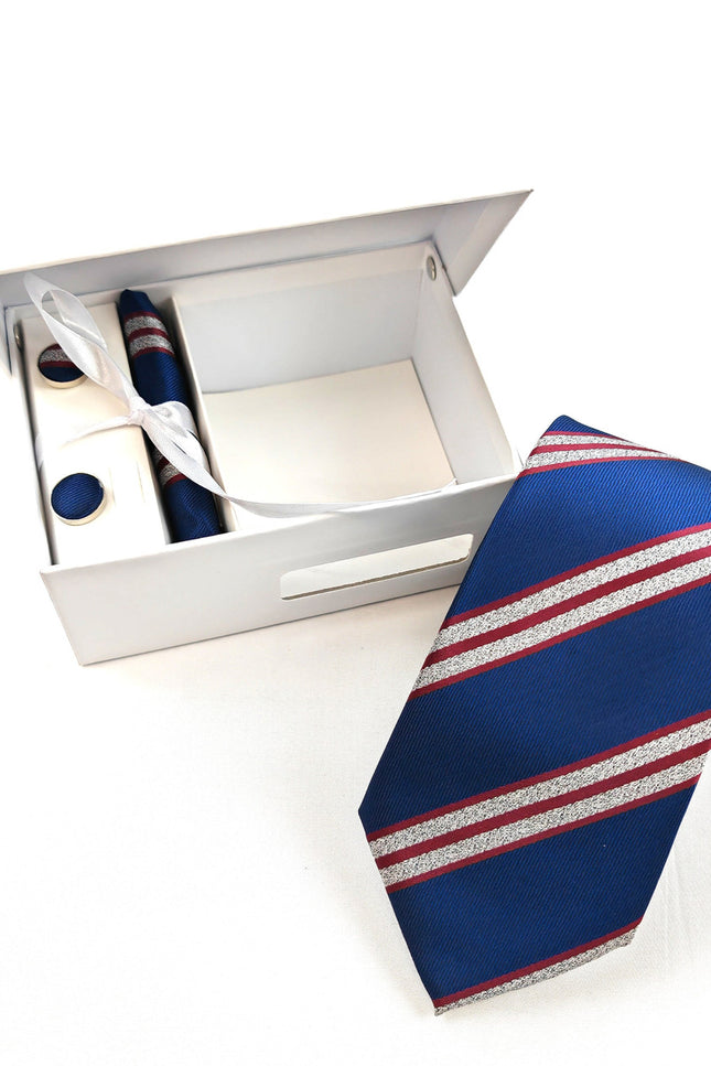 Blue and Red Silver Bold Stripe Tie & Cufflinks Set