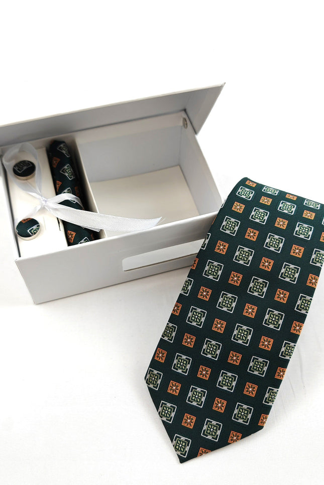 Green and Orange Geometric Tie & Cufflinks Set