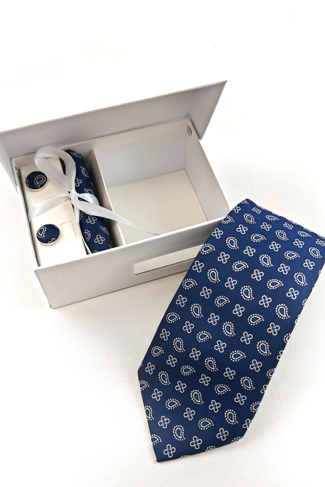 Navy Paisley & Clover Geometric Tie & Cufflinks Set