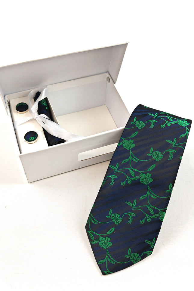 Navy Green Floral Tie & Cufflinks Set