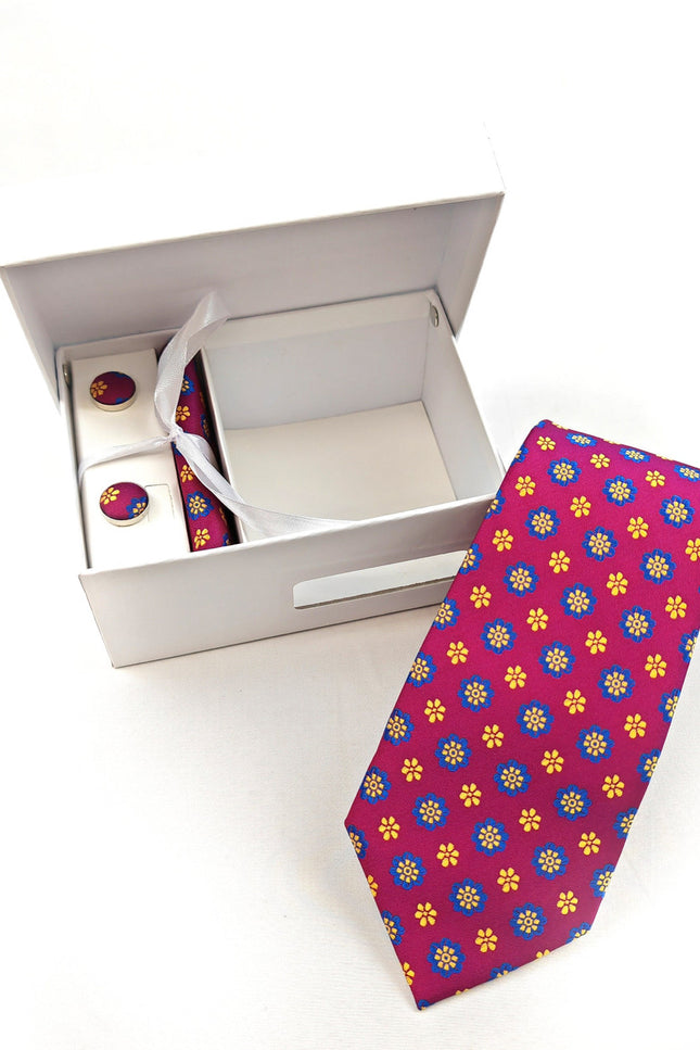 Magenta Geometric Tie & Cufflinks Set