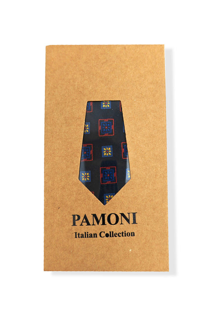 Ensemble de cravates géométriques à carrés rouges, bleu marine et jaunes