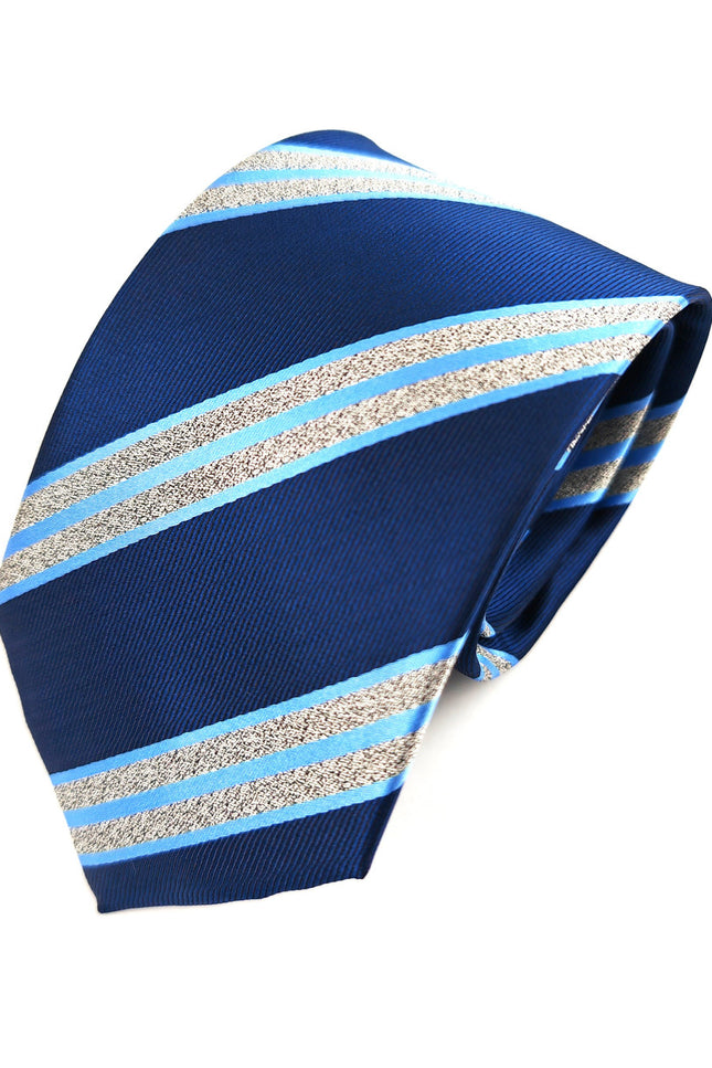 Blue Silver Bold Stripe Tie & Pocket Square Set