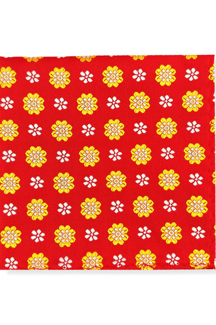 Red Yellow Flower Geometric Tie & Pocket Square Set