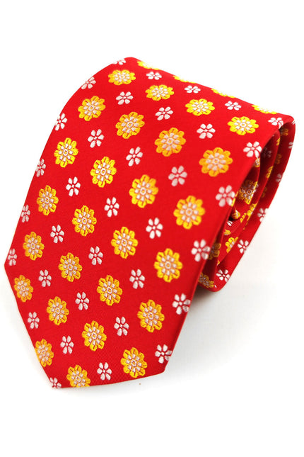 Red Yellow Flower Geometric Tie & Pocket Square Set