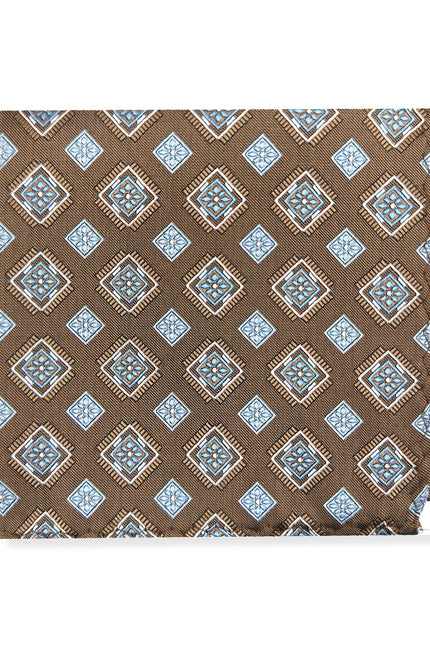 Brown Blue Square Geometric Tie & Pocket Square Set