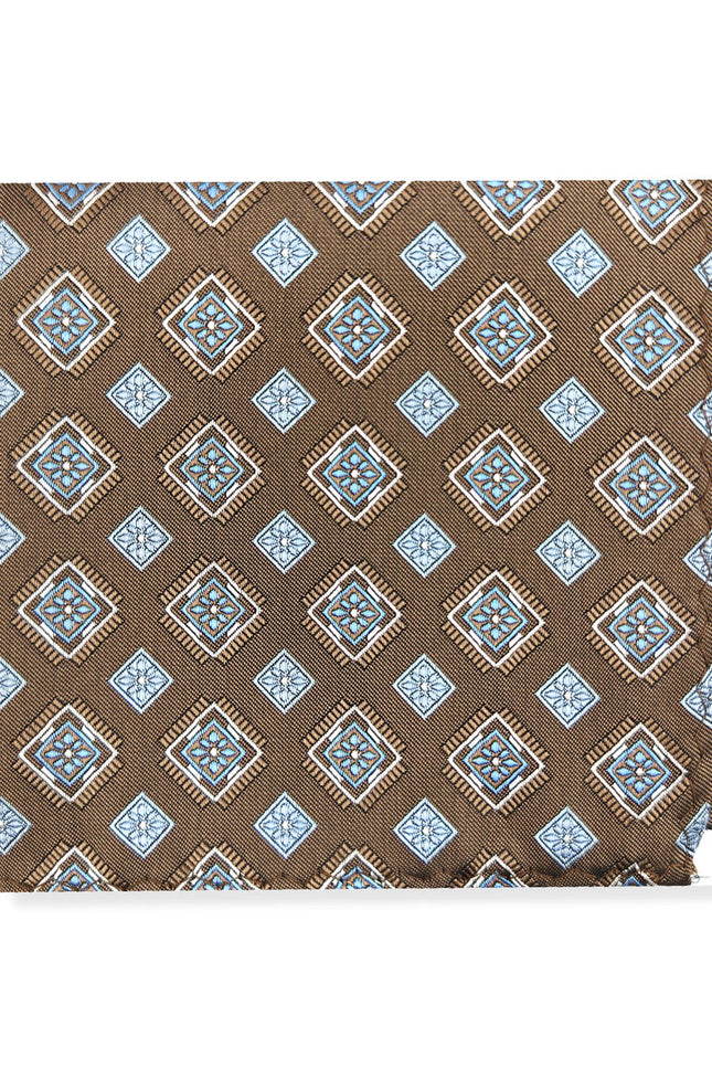 Brown Blue Square Geometric Tie & Pocket Square Set