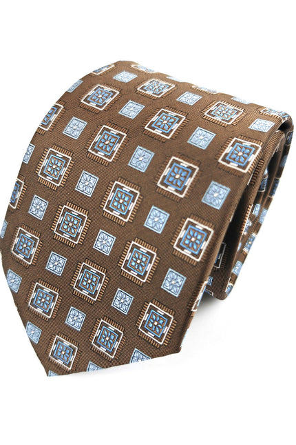 Brown Blue Square Geometric Tie & Pocket Square Set
