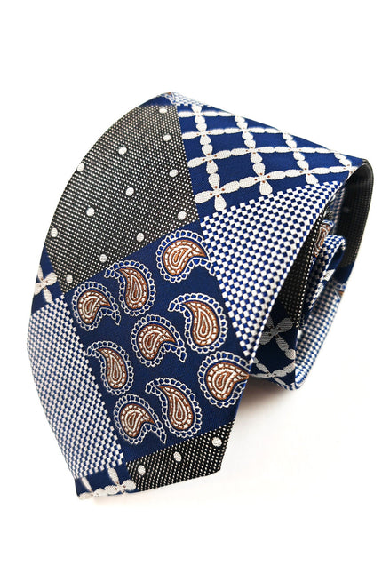 Navy Brown Paisley Check Tie & Pocket Square Set