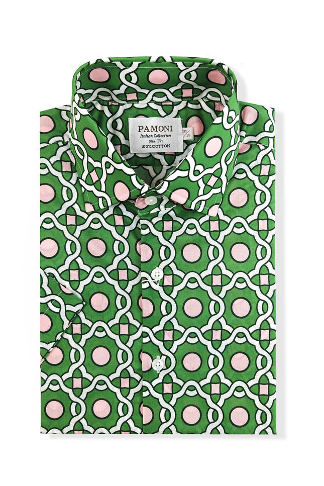 Green with Pink and White Geometric Print Shirt