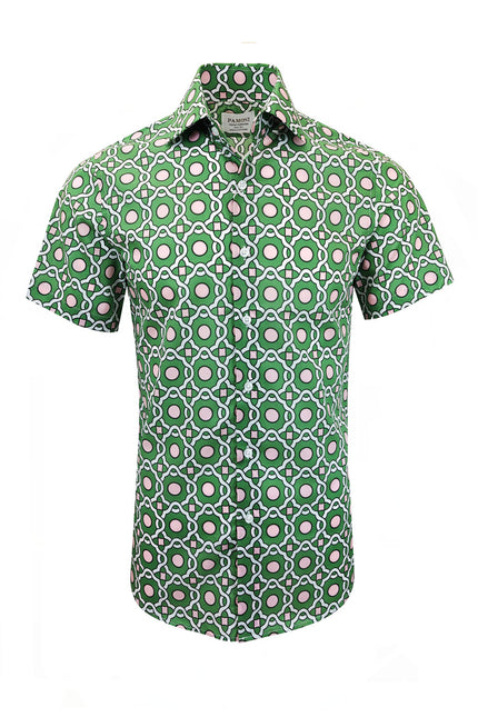 Green with Pink and White Geometric Print Shirt