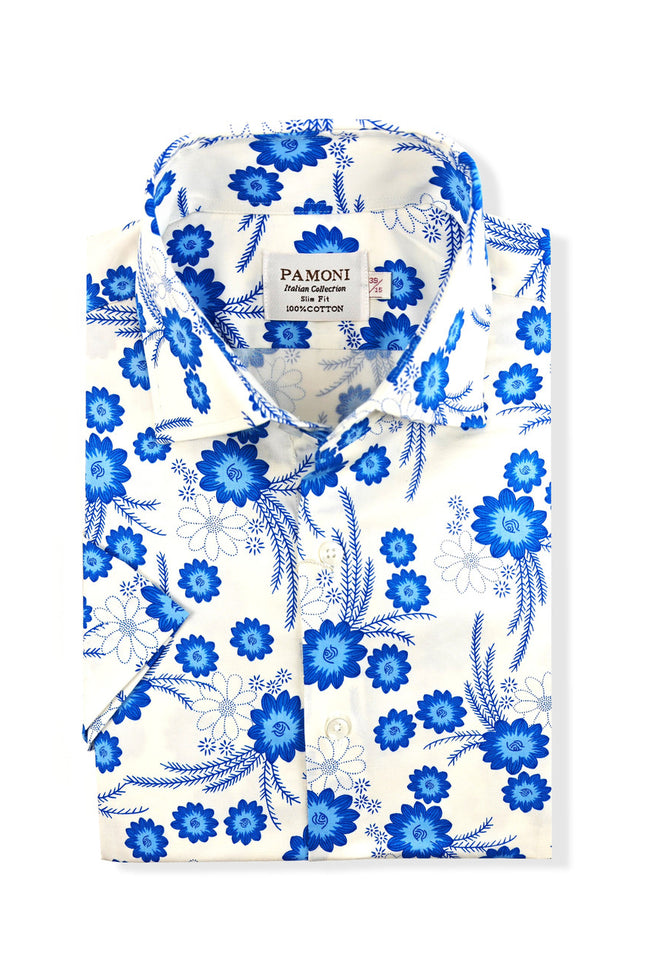 White and Blue Floral Print Short Sleeves Shirt