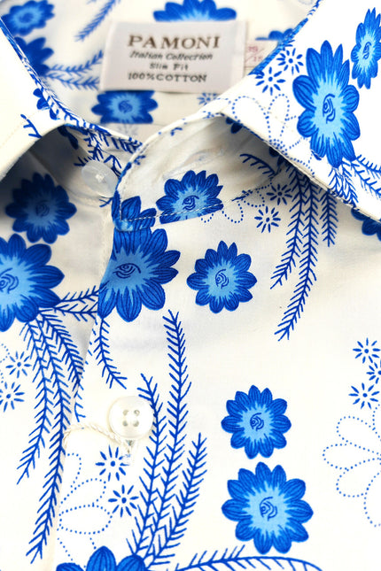 White and Blue Floral Print Short Sleeves Shirt