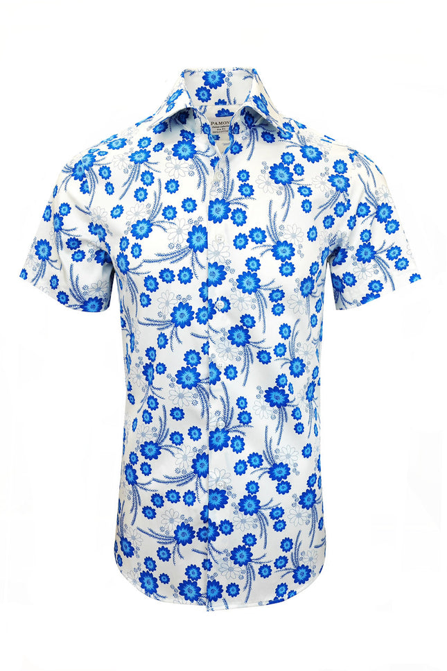 White and Blue Floral Print Short Sleeves Shirt