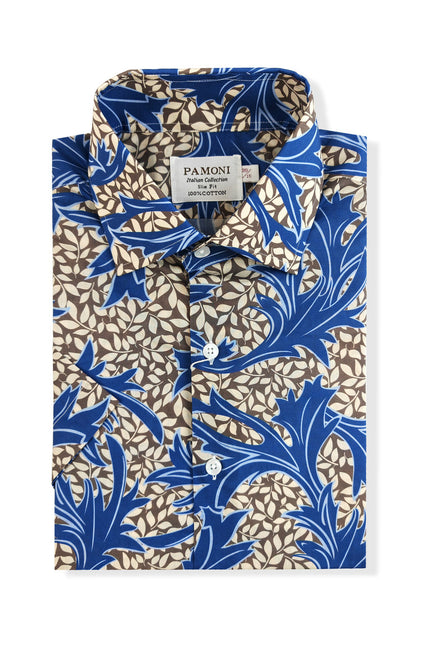 Blue and Brown Floral Print Short Sleeves Shirt