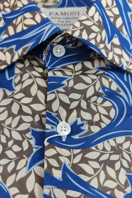 Blue and Brown Floral Print Short Sleeves Shirt