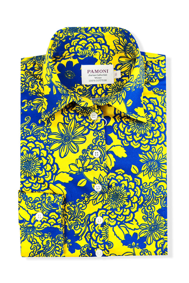 Yellow Blue Floral Print Shirt