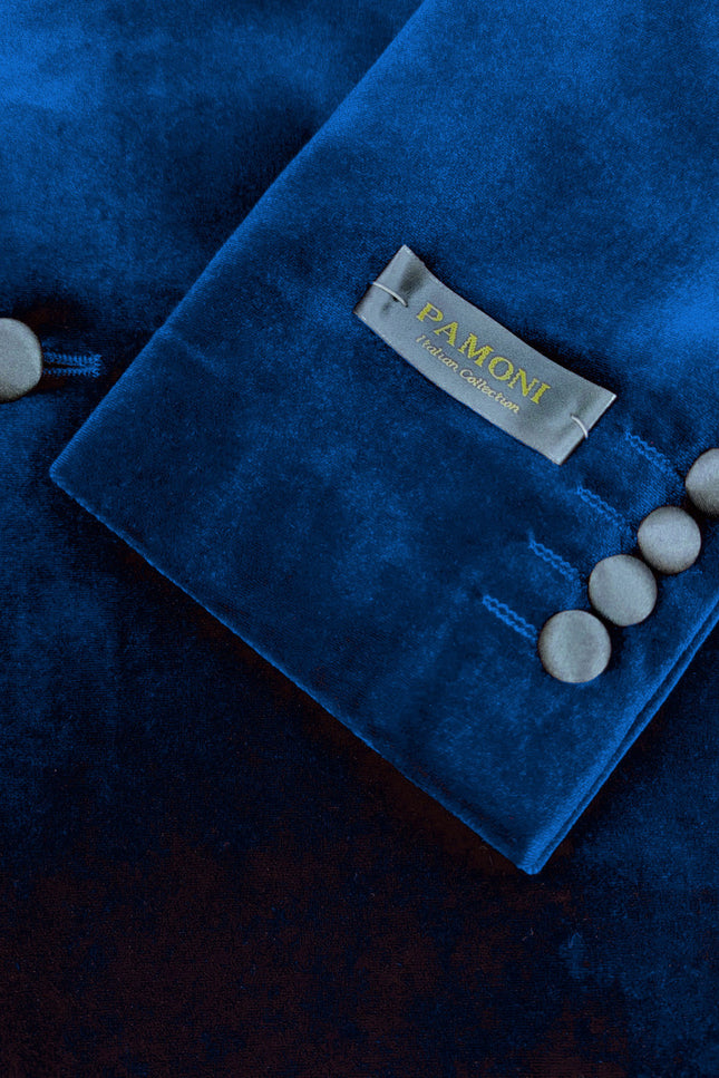 Royal Blue Double Breasted Velvet Tuxedo Blazer