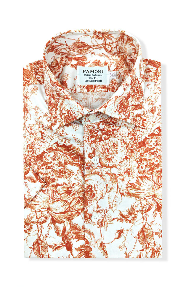 White Orange Floral and Botanical Print Short Sleeves Shirt